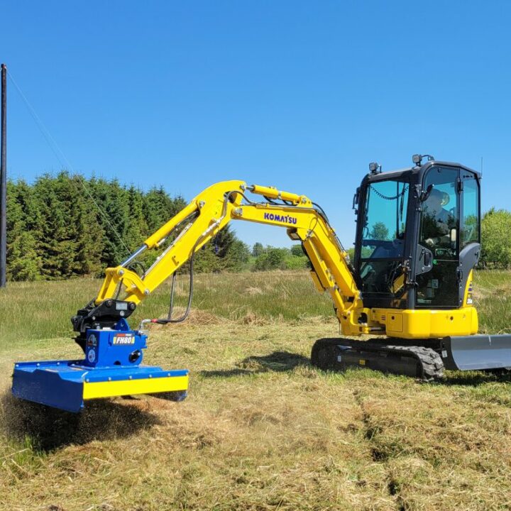 Slanetrac FH100 flail cutter mounted to mini excavator clearing brush